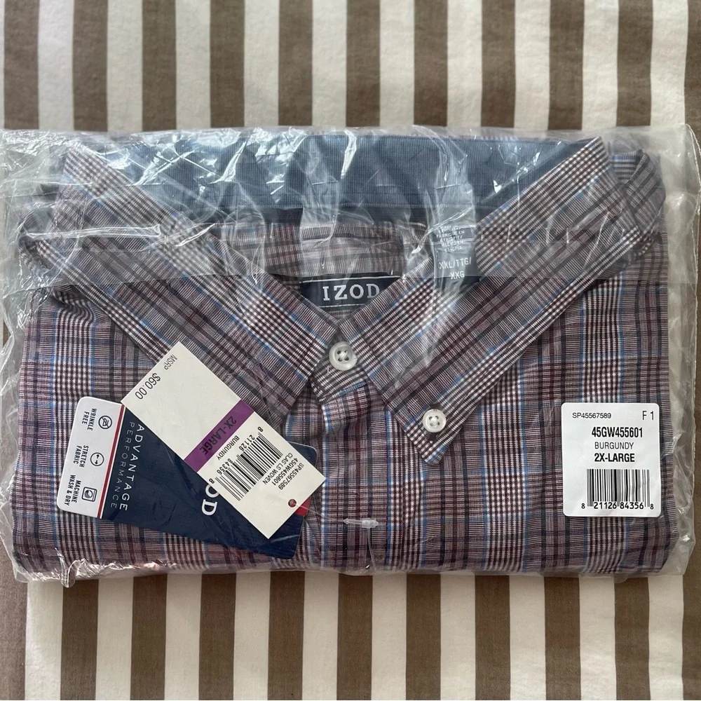 IZOD Mens 2XL Burgundy Plaid Button Down Long Sleeve Shirt Big & Tall NWT